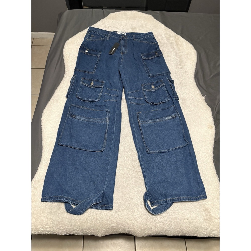 Fashion Nova Billie Low Slung Cargo Jeans Womens Size 13 NWT Medium Wash Baggy